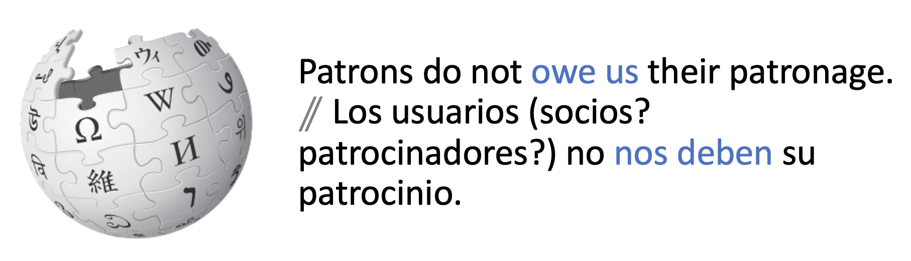 A second version of a conference slide with English and Spanish text, showing nuance in translation