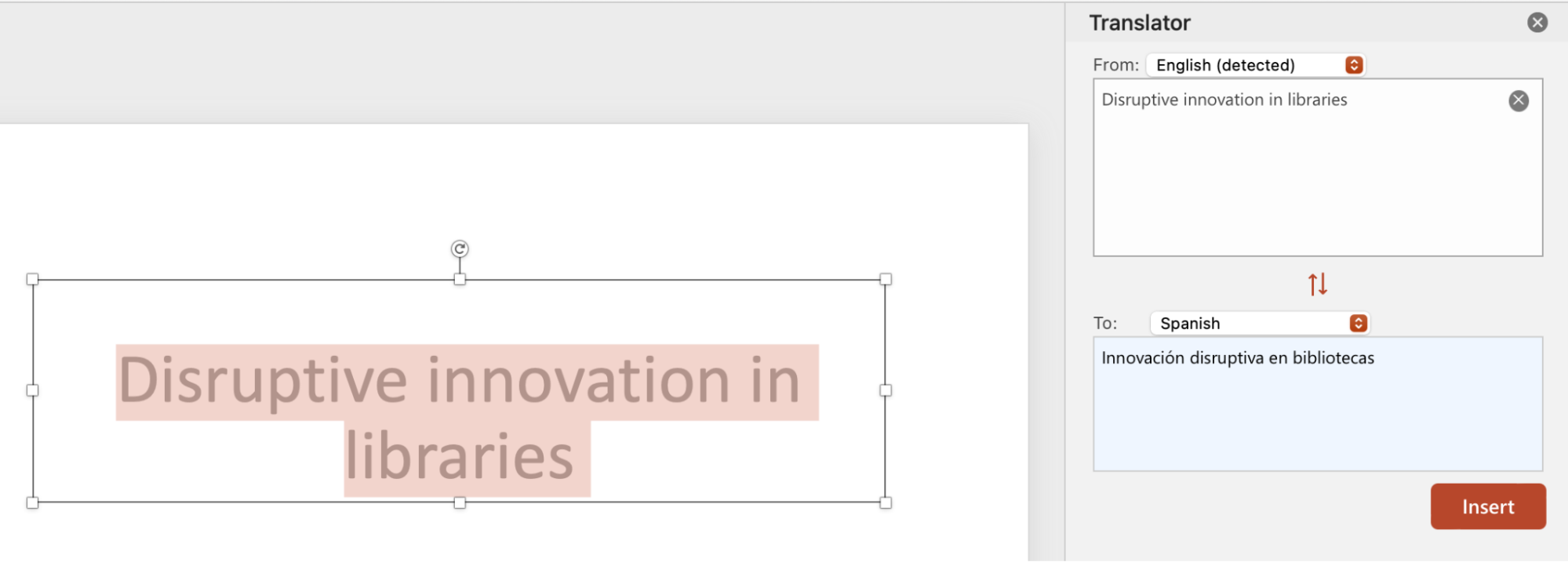 A screenshot of PowerPoint's translation interface