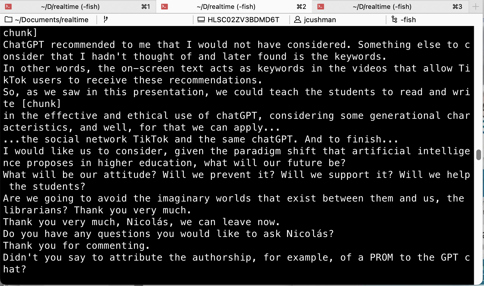 A screenshot of a terminal with output from translating audio from Spanish to English in 10-second blocks