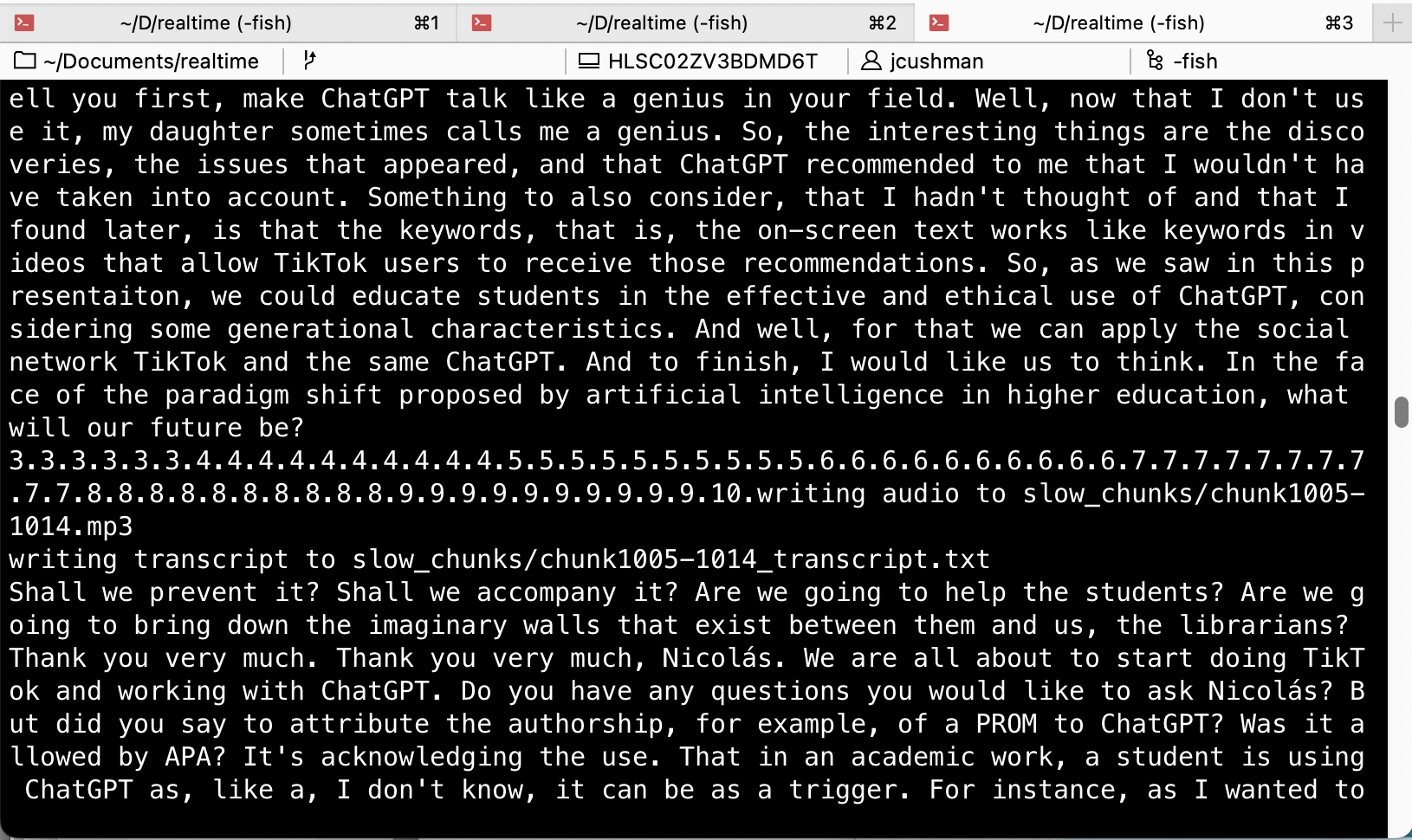 A screenshot of a terminal with output from retranscribing and retranslating audio from Spanish to English in 100-second blocks