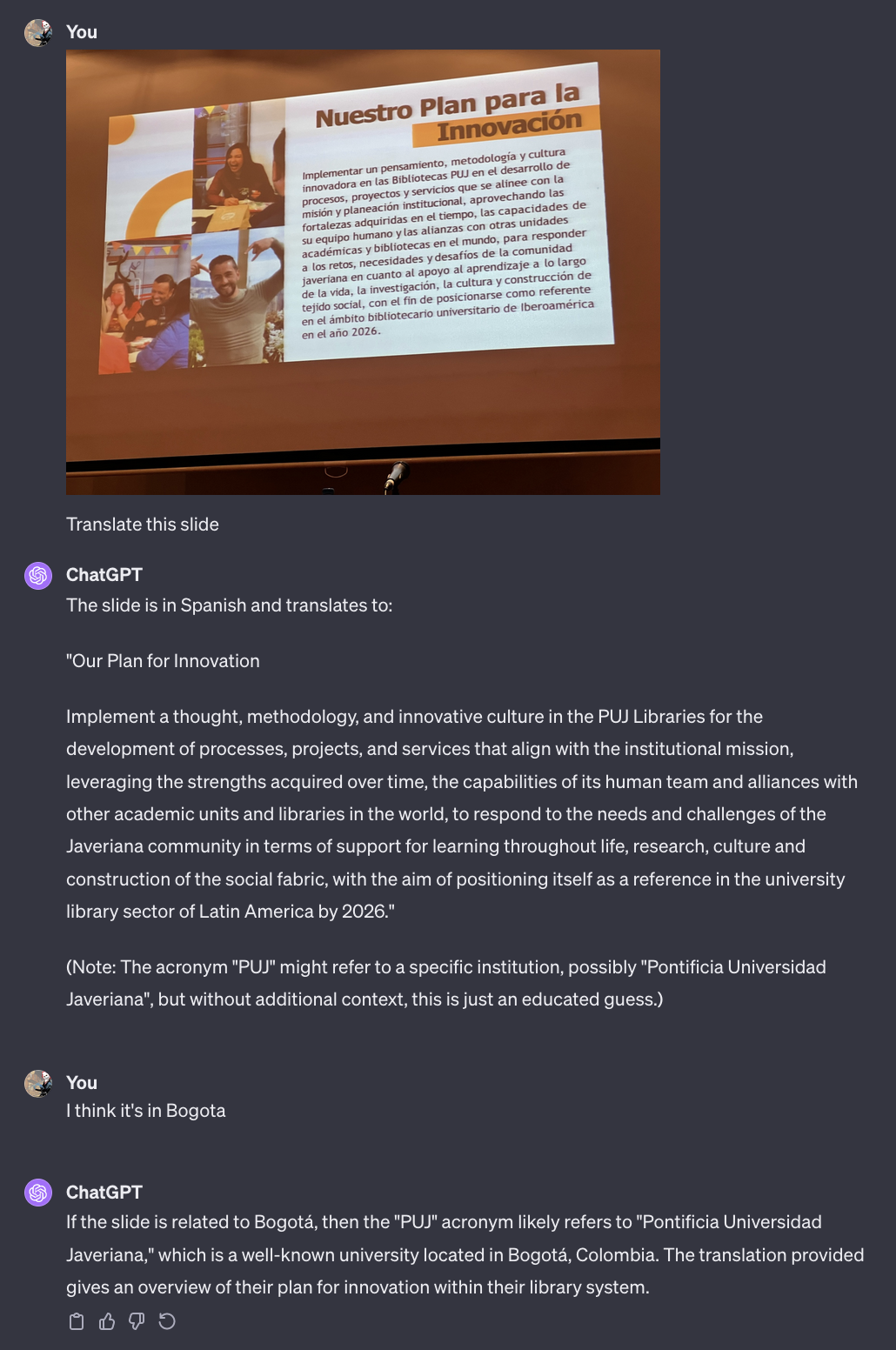 A screenshot of a ChatGPT transcript, requesting an English translation of a picture of a conference slide in Spanish