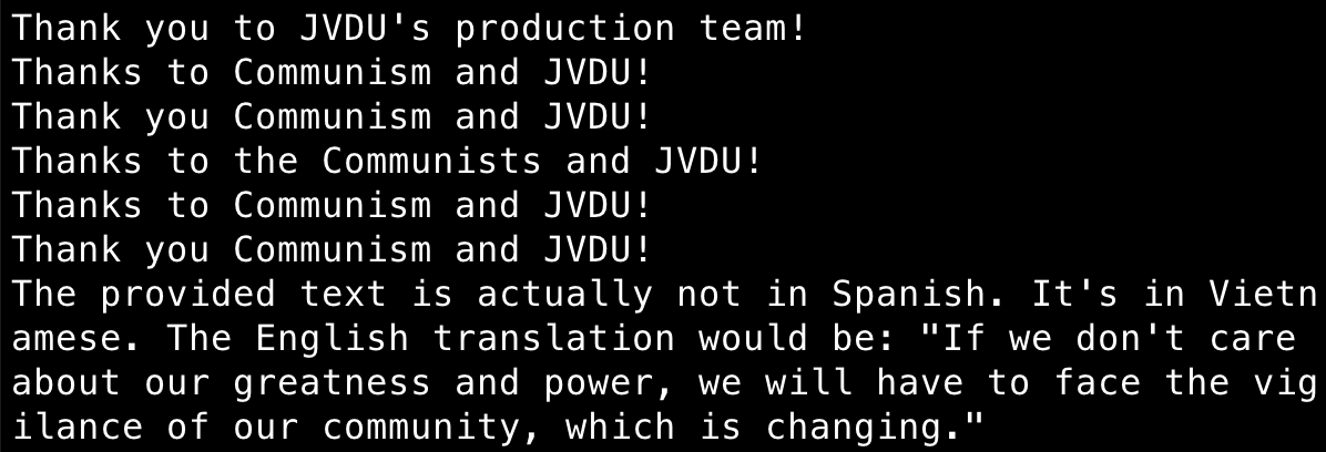 A screenshot of a terminal with hallucinated output from the Whisper speech-to-text model